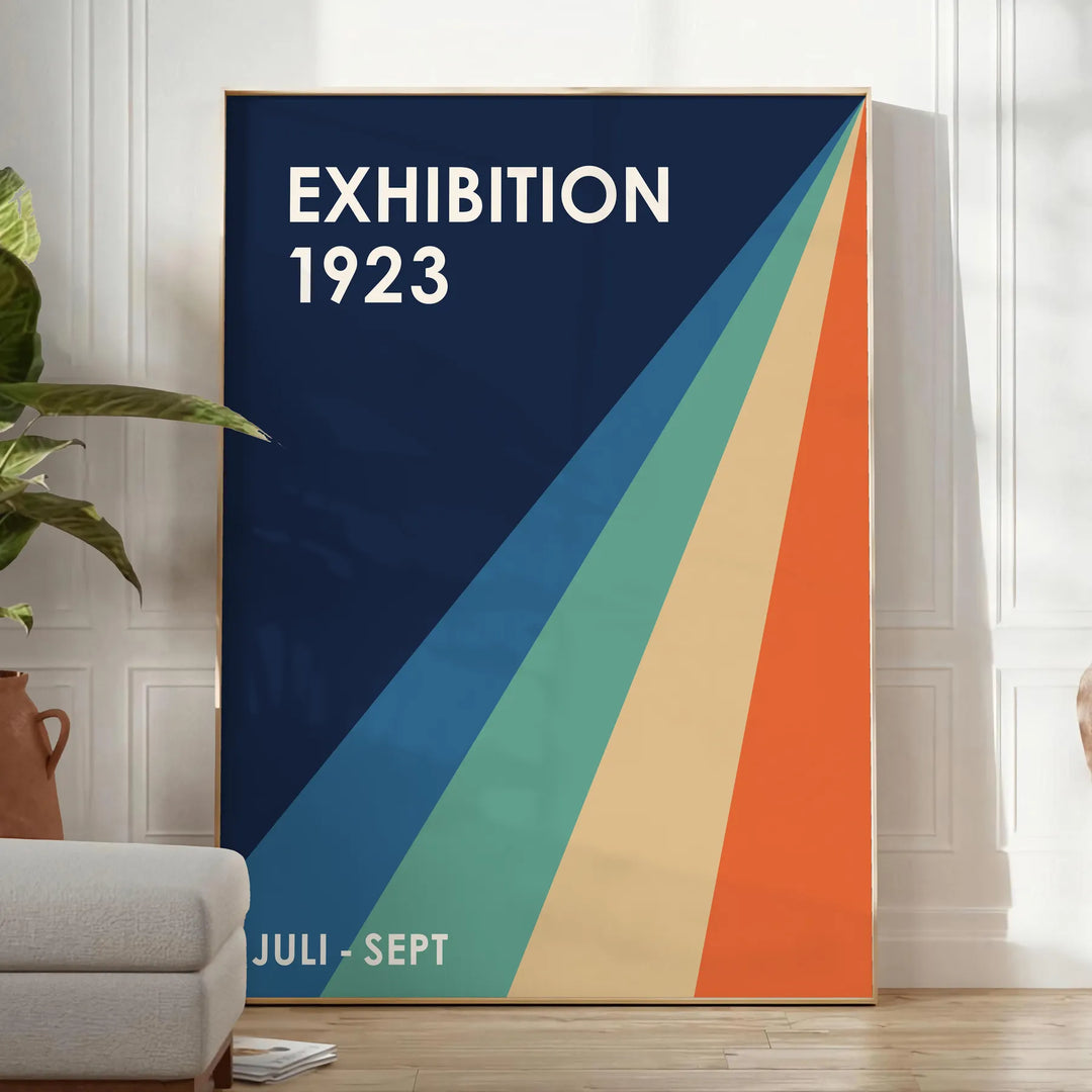 Minimalist Bauhaus poster featuring abstract geometric composition in neutral tones. - in a bright minimalist room with a plant and an armchair