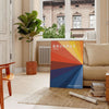 Bauhaus poster showing abstract geometric composition in minimalist modern style - in a Parisian living room with a sofa and a fig plant