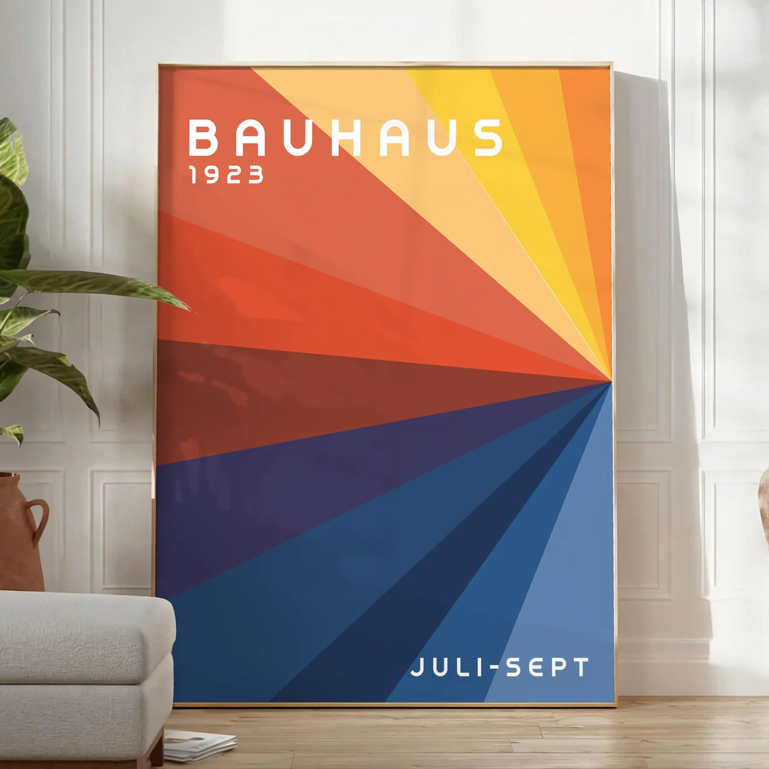 Bauhaus poster showing abstract geometric composition in minimalist modern style - in a bright minimalist room with a plant and an armchair