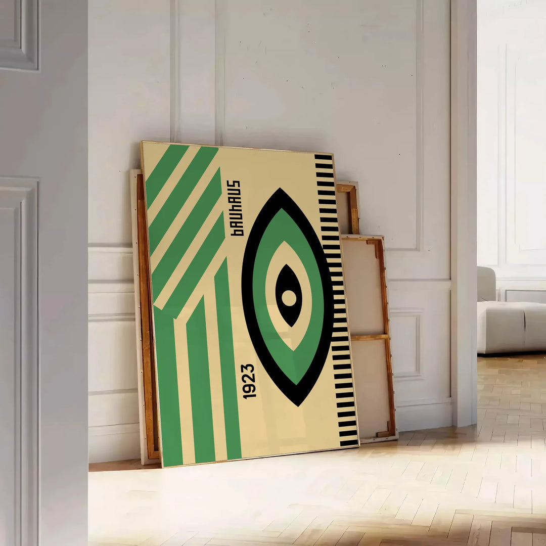 Poster showing minimalist Bauhaus geometric composition in modernist style - leaning on a herringbone floor against a white panelled wall