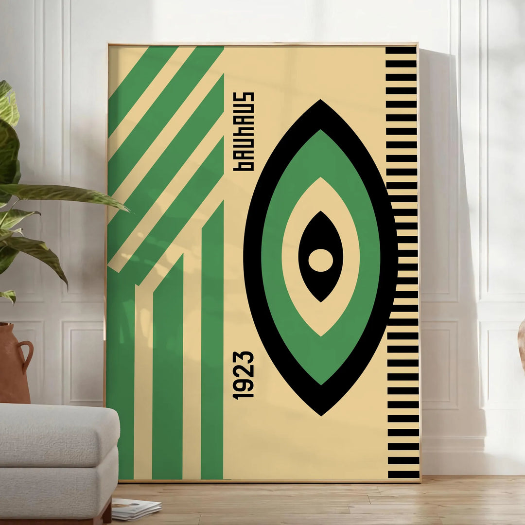 Poster showing minimalist Bauhaus geometric composition in modernist style - in a bright minimalist room with a plant and an armchair
