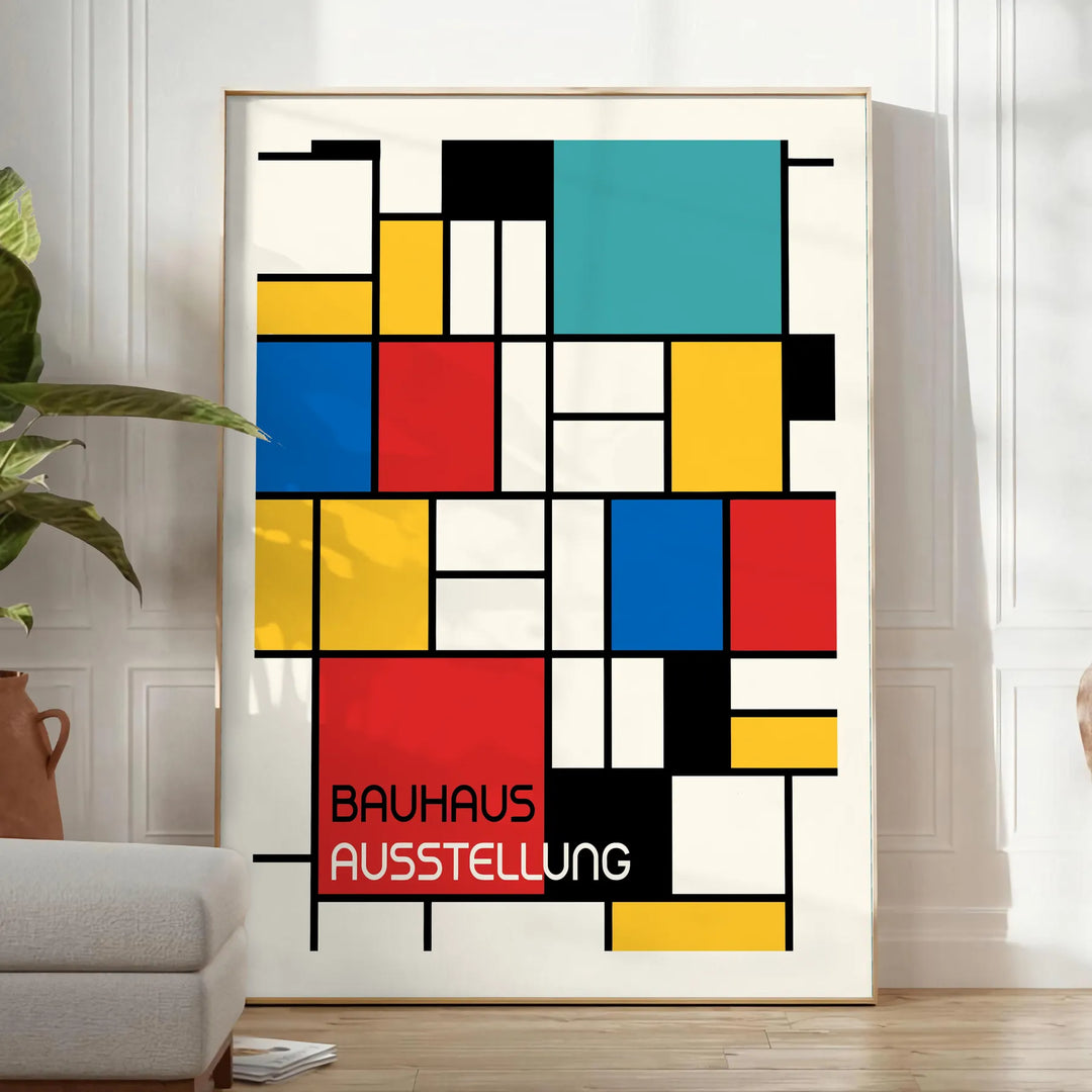 Póster Bauhaus con composición geométrica abstracta en colores primarios vivos - en una habitación luminosa y minimalista con planta y sillón