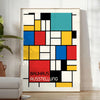 Póster Bauhaus con composición geométrica abstracta en colores primarios vivos - en una habitación luminosa y minimalista con planta y sillón