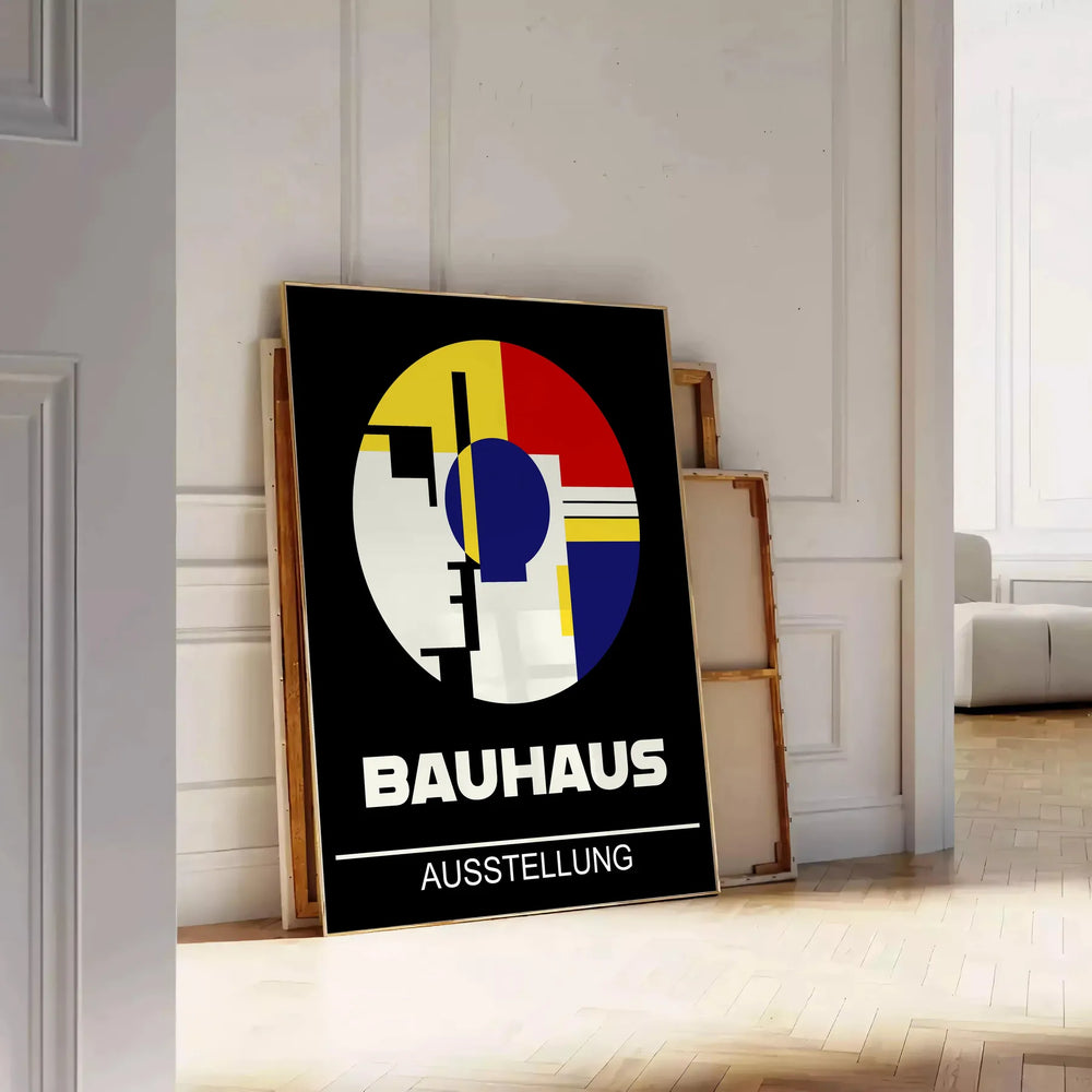 Bauhaus poster with geometric abstract shapes in bold primary colors