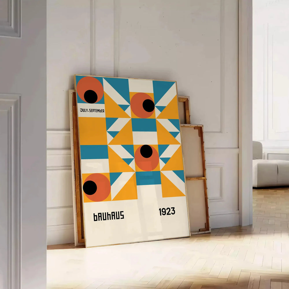 Bauhaus-style abstract geometric poster in orange and blue