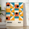 Bauhaus-style abstract geometric poster in orange and blue - in a bright minimalist room with a plant and an armchair