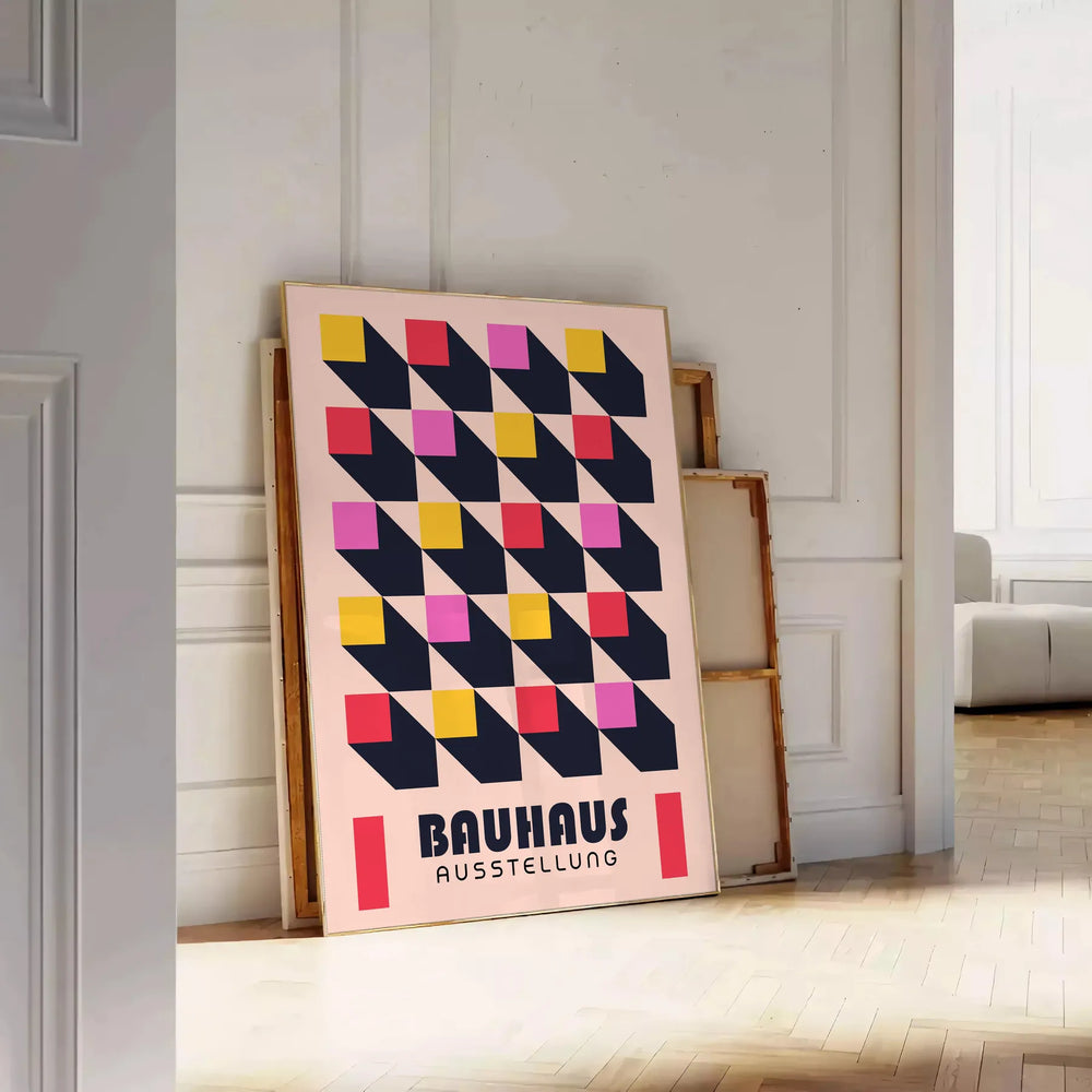 Yellow and black Bauhaus geometric abstract poster with bold simple shapes