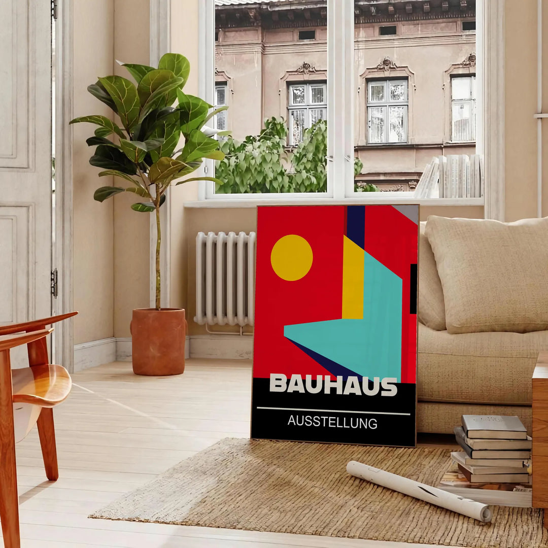 Bauhaus geometric poster in bold red and yellow abstract shapes - in a Parisian living room with a sofa and a fig plant