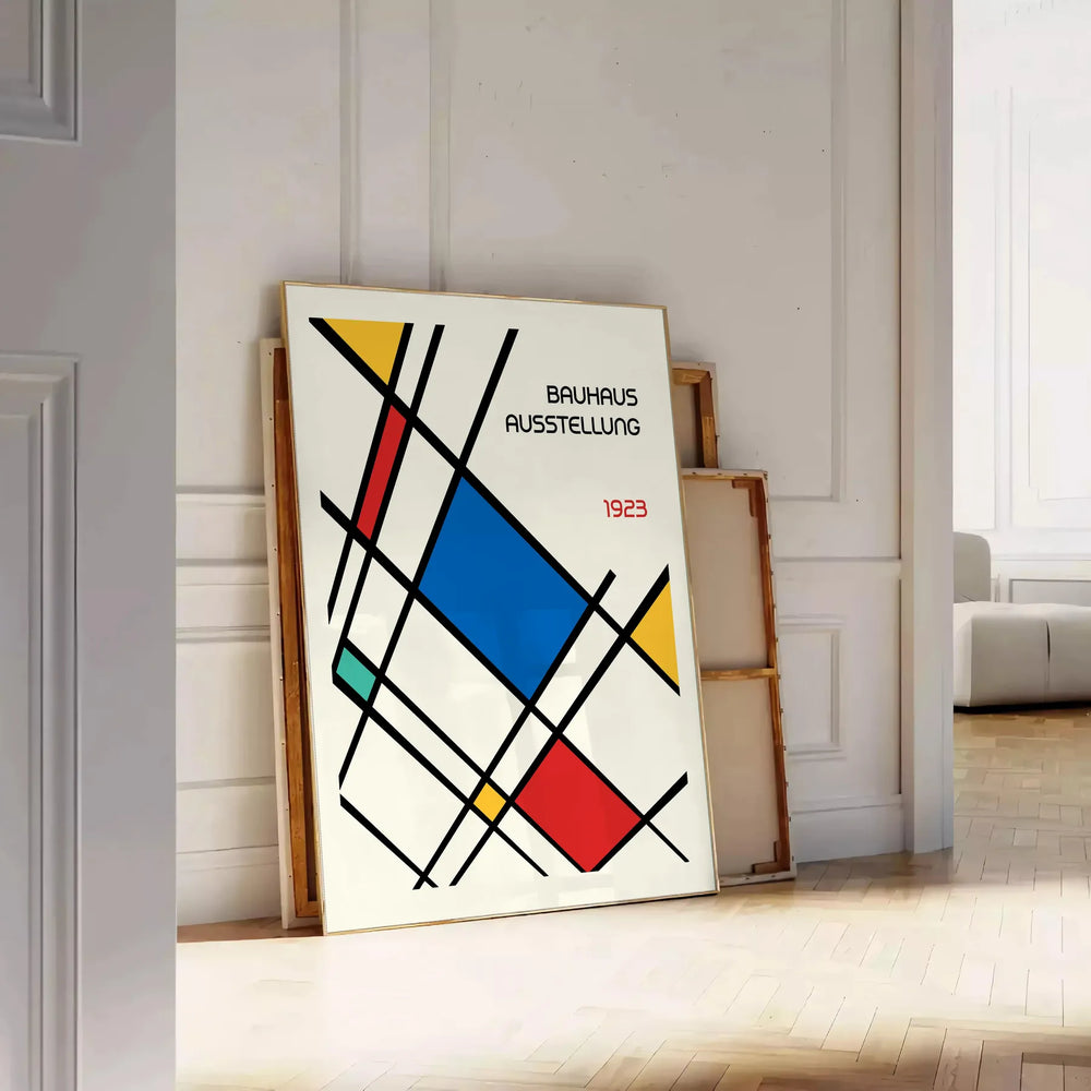 White and red geometric Bauhaus poster with bold minimalist abstract composition