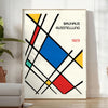 White and red geometric Bauhaus poster with bold minimalist abstract composition - in a bright minimalist room with a plant and an armchair