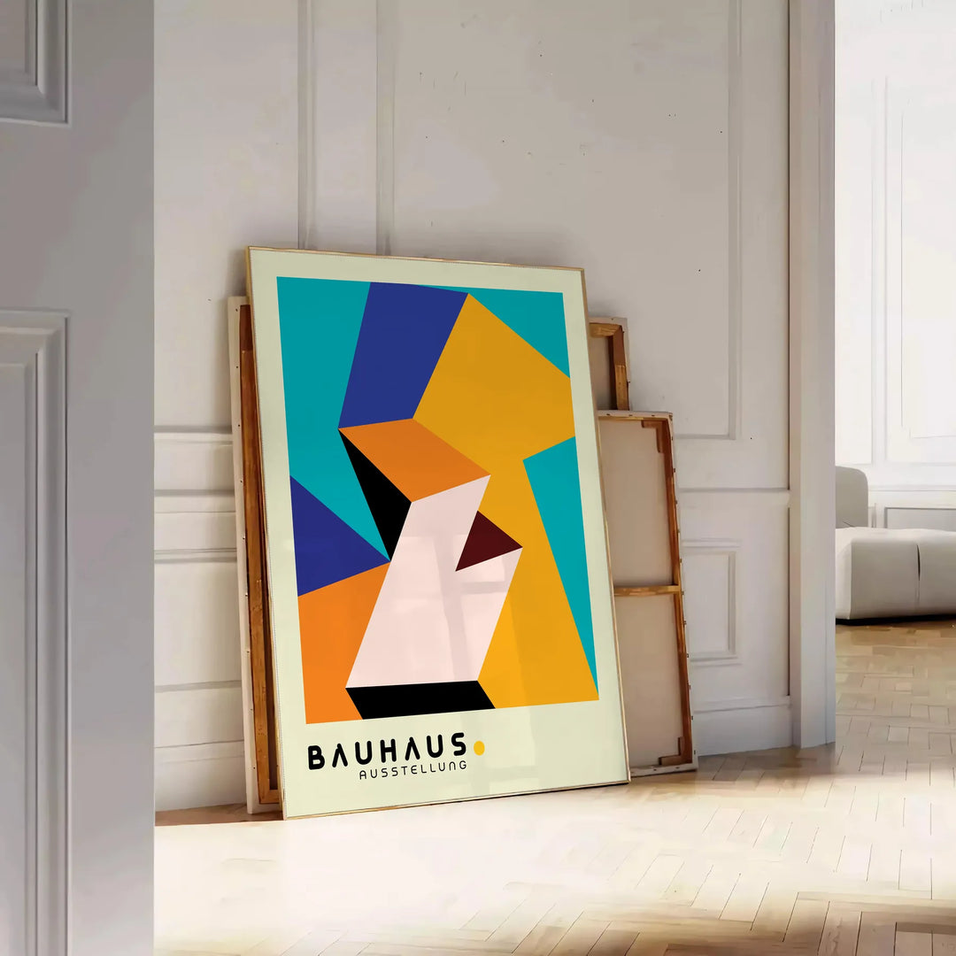 Bauhaus poster with geometric orange and green abstract shapes, modern style - leaning on a herringbone floor against a white panelled wall