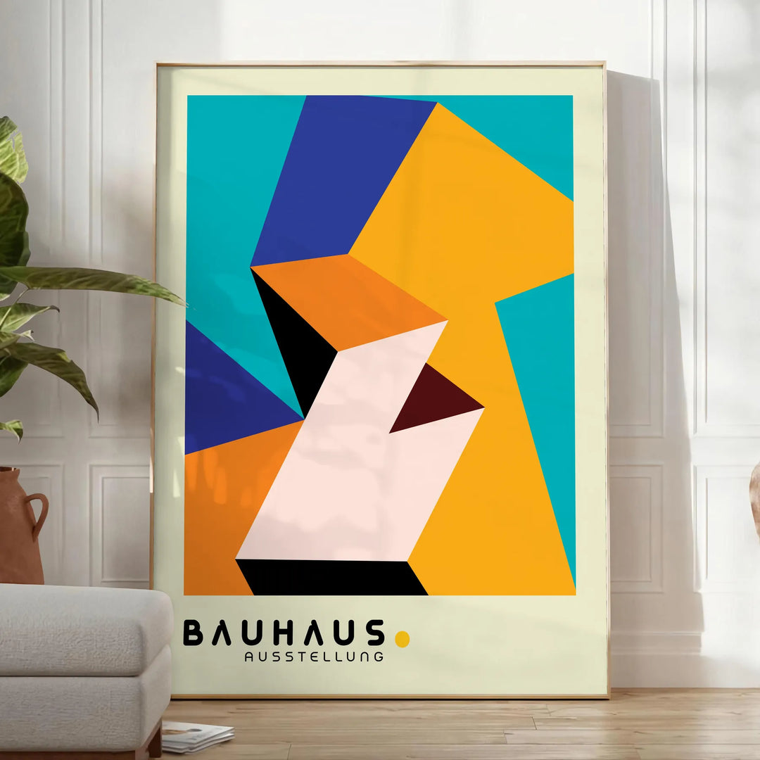 Bauhaus poster with geometric orange and green abstract shapes, modern style - in a bright minimalist room with a plant and an armchair
