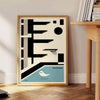 Bauhaus-style swimming pool with geometric shapes and bold colors - beside a round wooden side table with books