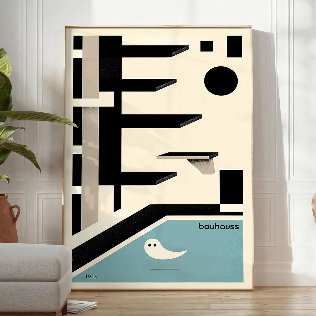 Bauhaus-style swimming pool with geometric shapes and bold colors - in a bright minimalist room with a plant and an armchair