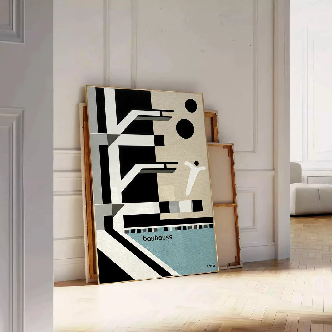 Bauhaus style illustration of a swimming pool with geometric shapes and muted colors - leaning on a herringbone floor against a white panelled wall