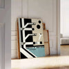Bauhaus style illustration of a swimming pool with geometric shapes and muted colors - leaning on a herringbone floor against a white panelled wall