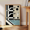 Bauhaus style illustration of a swimming pool with geometric shapes and muted colors - beside a round wooden side table with books
