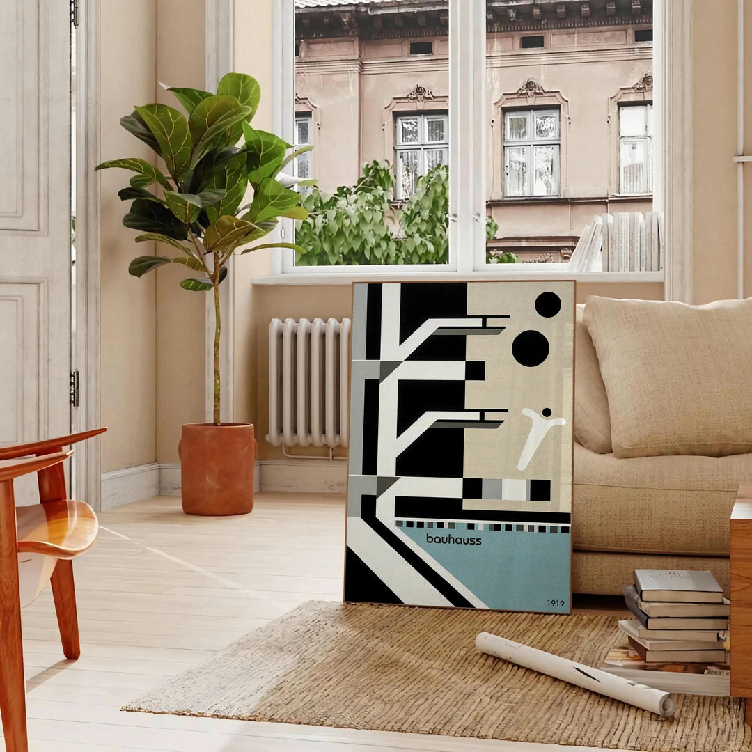Bauhaus style illustration of a swimming pool with geometric shapes and muted colors - in a Parisian living room with a sofa and a fig plant