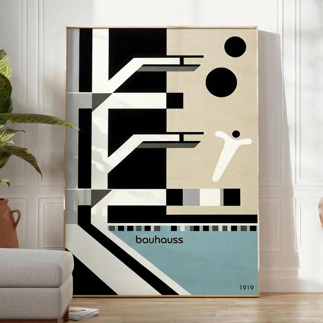 Bauhaus style illustration of a swimming pool with geometric shapes and muted colors - in a bright minimalist room with a plant and an armchair