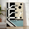 Bauhaus style illustration of a swimming pool with geometric shapes and muted colors - in a bright minimalist room with a plant and an armchair