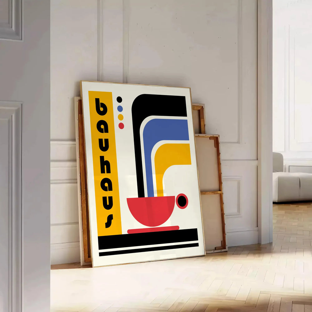 Minimalist geometric shapes in primary colors inspired by Bauhaus style