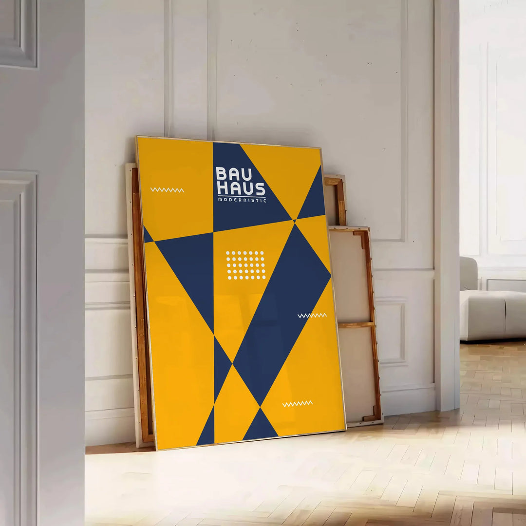 Poster showing abstract geometric composition in Bauhaus style, minimal modern design - leaning on a herringbone floor against a white panelled wall