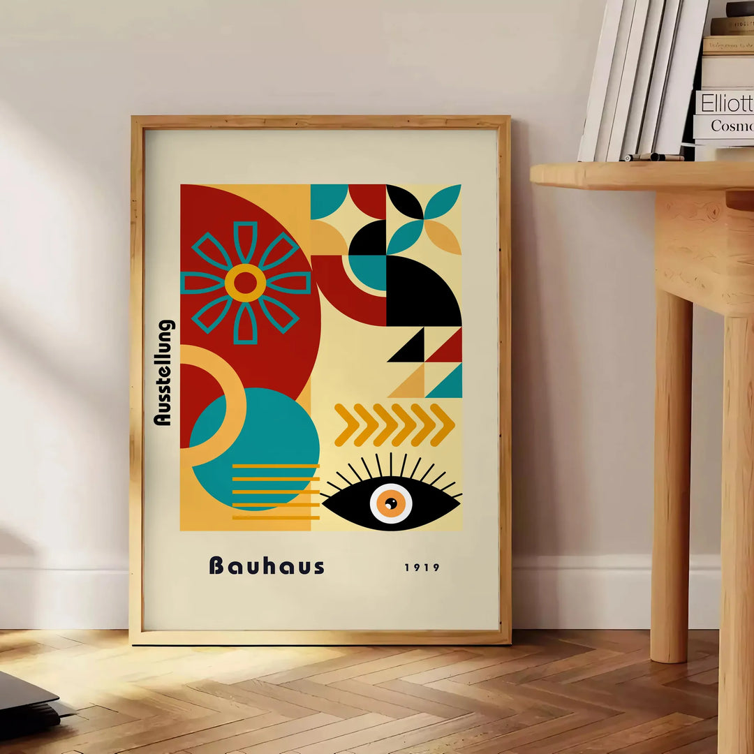Formas geométricas minimalistas en estilo Bauhaus con colores primarios - junto a una mesa auxiliar redonda de madera con libros