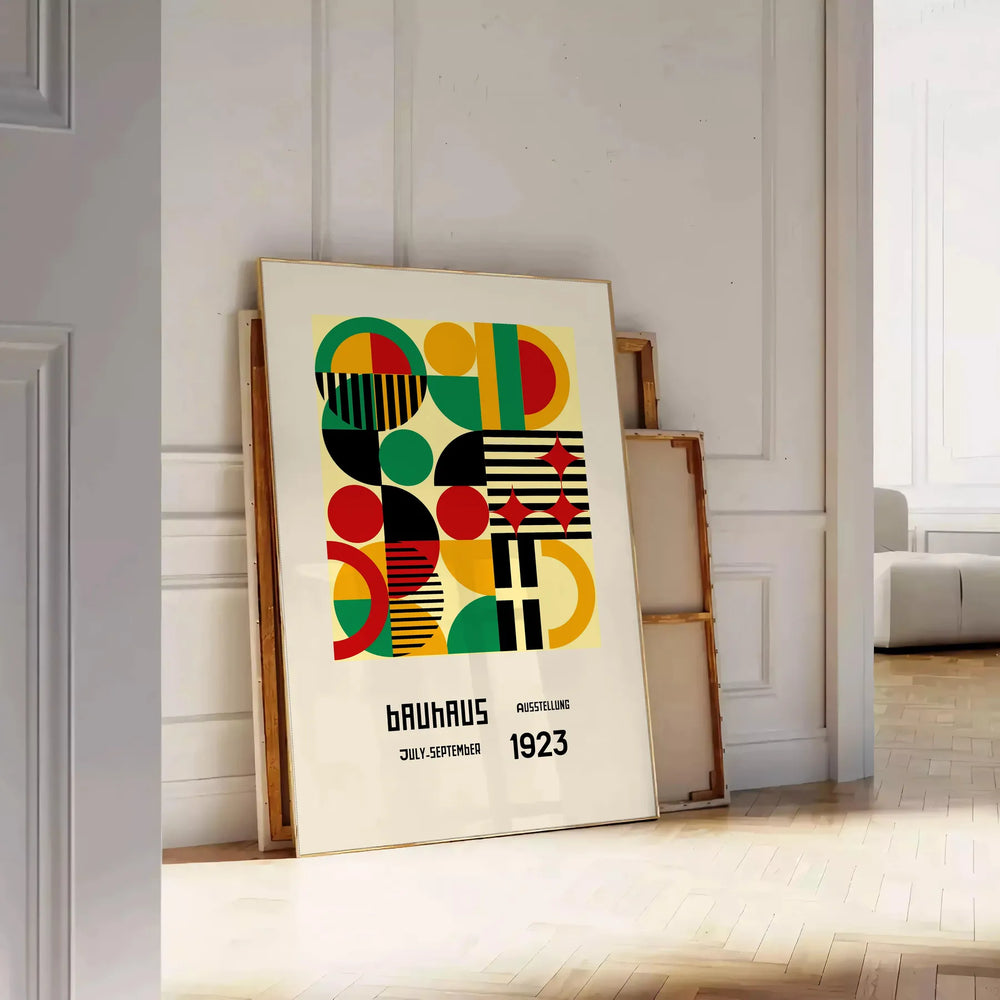 Bauhaus poster with abstract geometric composition in bold green and red