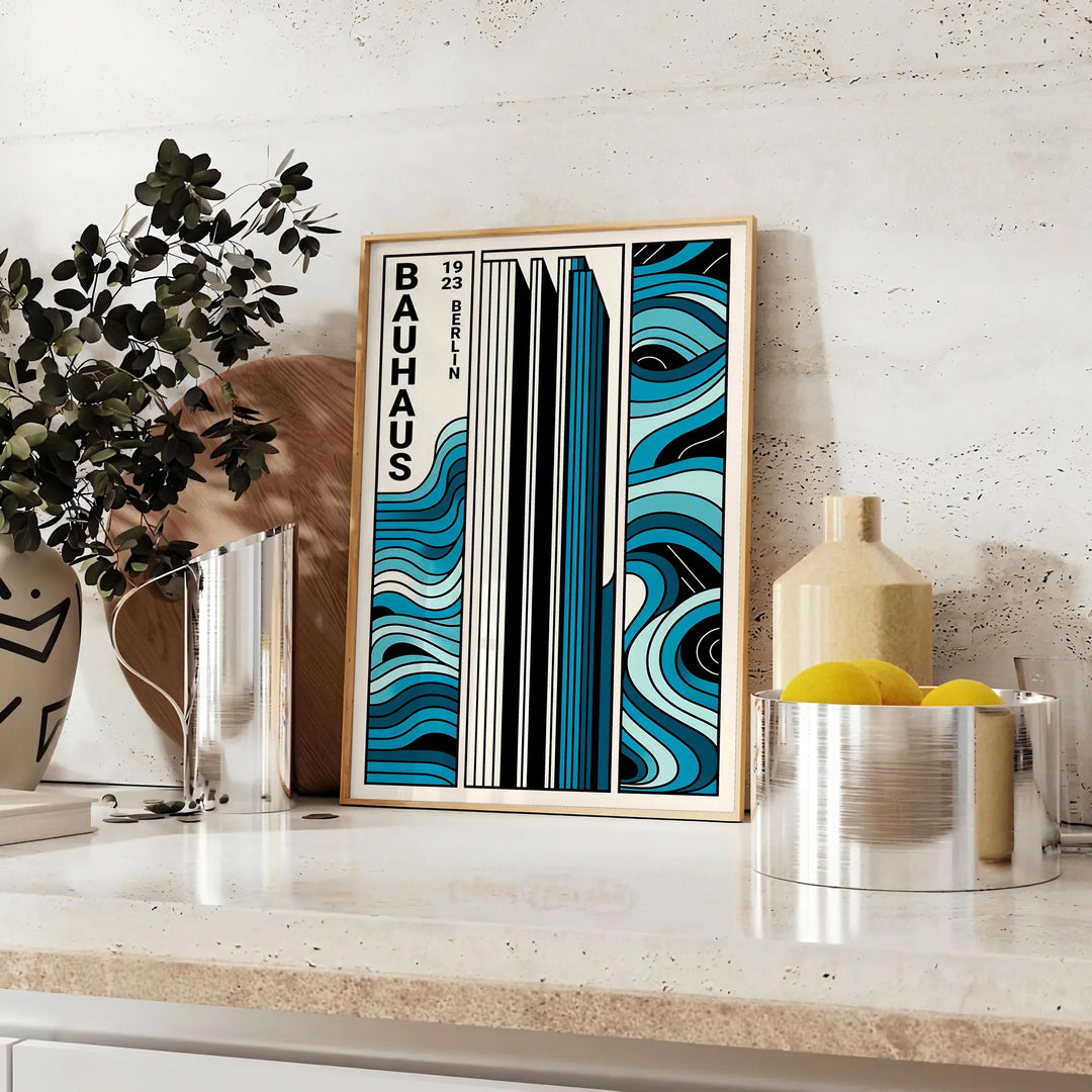 Geometric shapes and lines in Bauhaus style with primary colors - styled on a counter with eucalyptus and a bowl of lemons