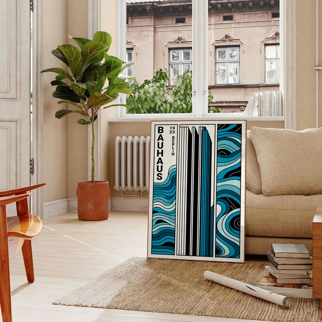 Geometric shapes and lines in Bauhaus style with primary colors - in a Parisian living room with a sofa and a fig plant