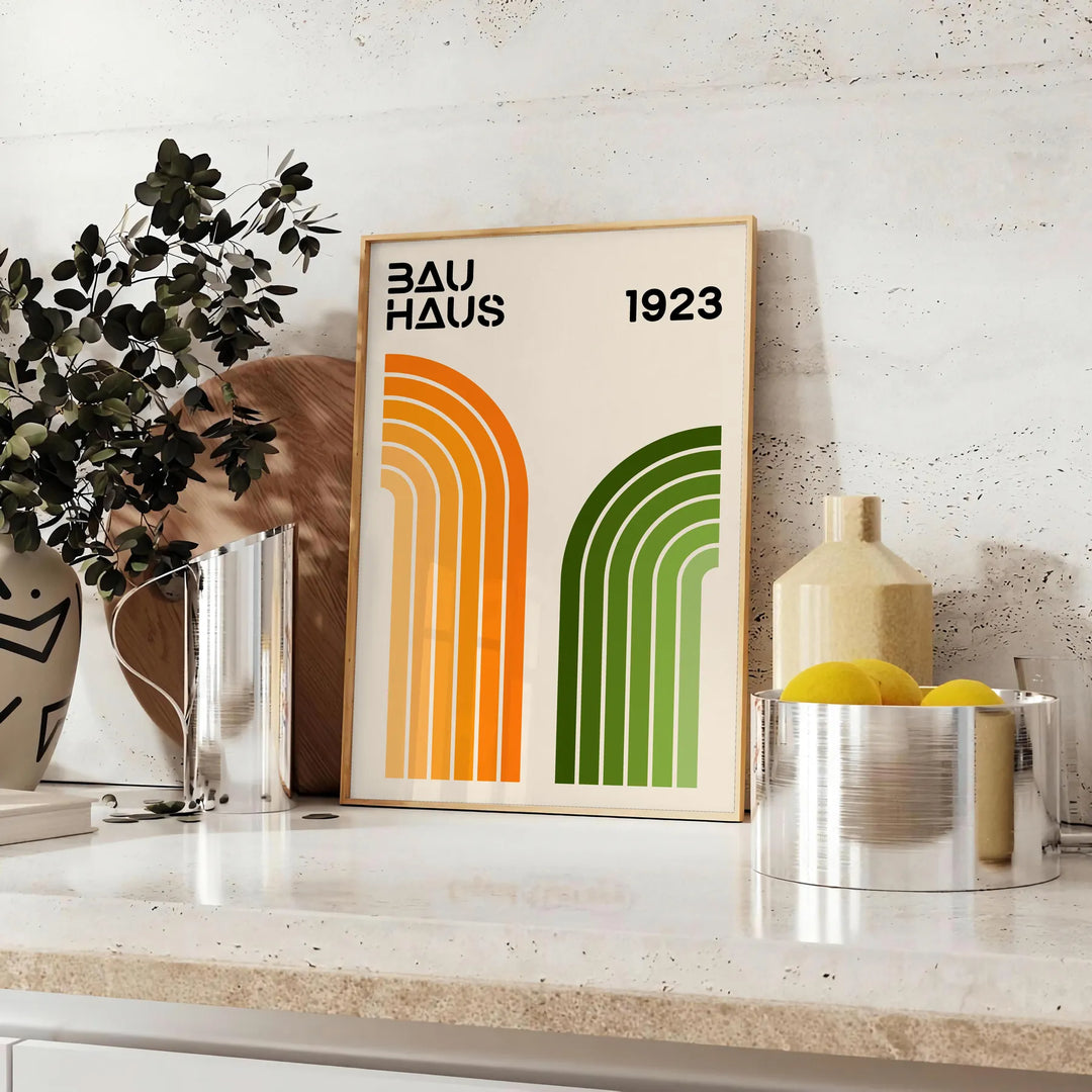 Minimal Bauhaus poster with abstract geometric composition and modernist design - styled on a counter with eucalyptus and a bowl of lemons