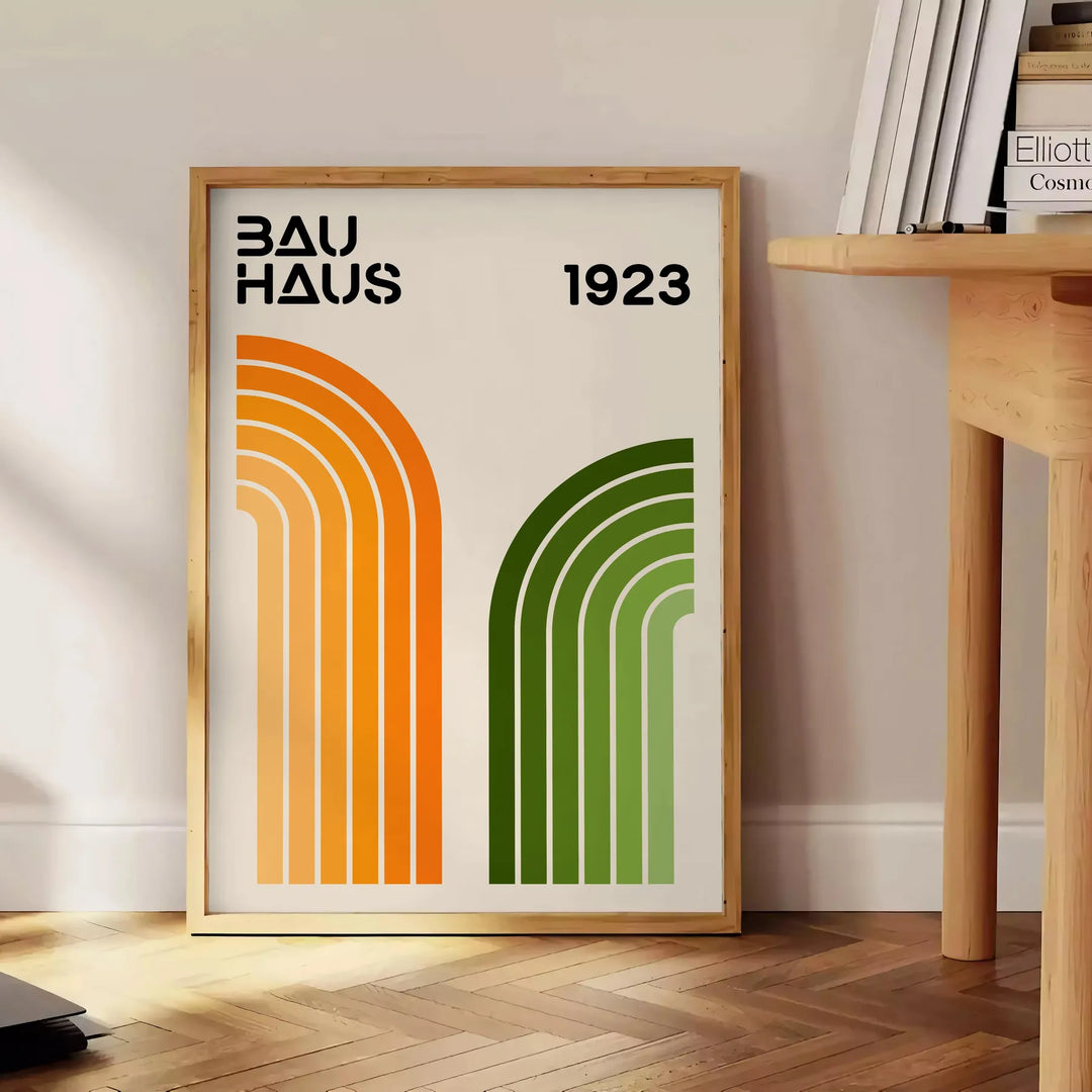 Minimal Bauhaus poster with abstract geometric composition and modernist design - beside a round wooden side table with books