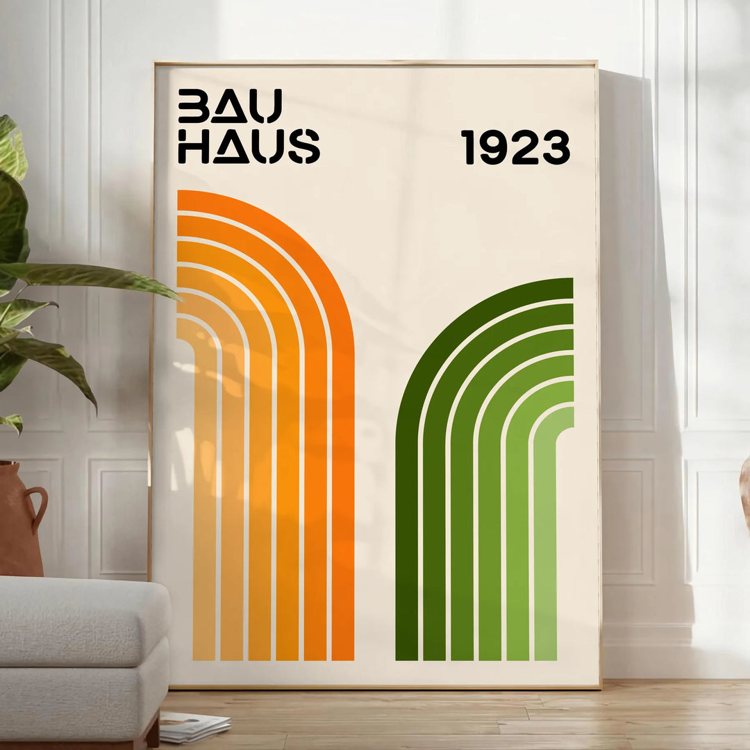Minimal Bauhaus poster with abstract geometric composition and modernist design - in a bright minimalist room with a plant and an armchair