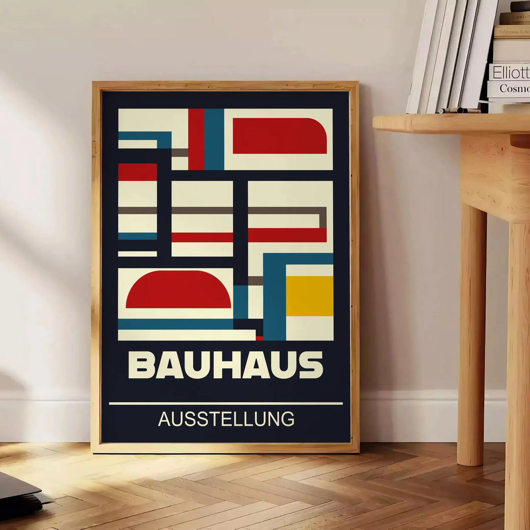 Bauhaus-Plakat mit abstrakter geometrischer Komposition in Grün und Rot - neben einem runden Beistelltisch aus Holz mit Büchern