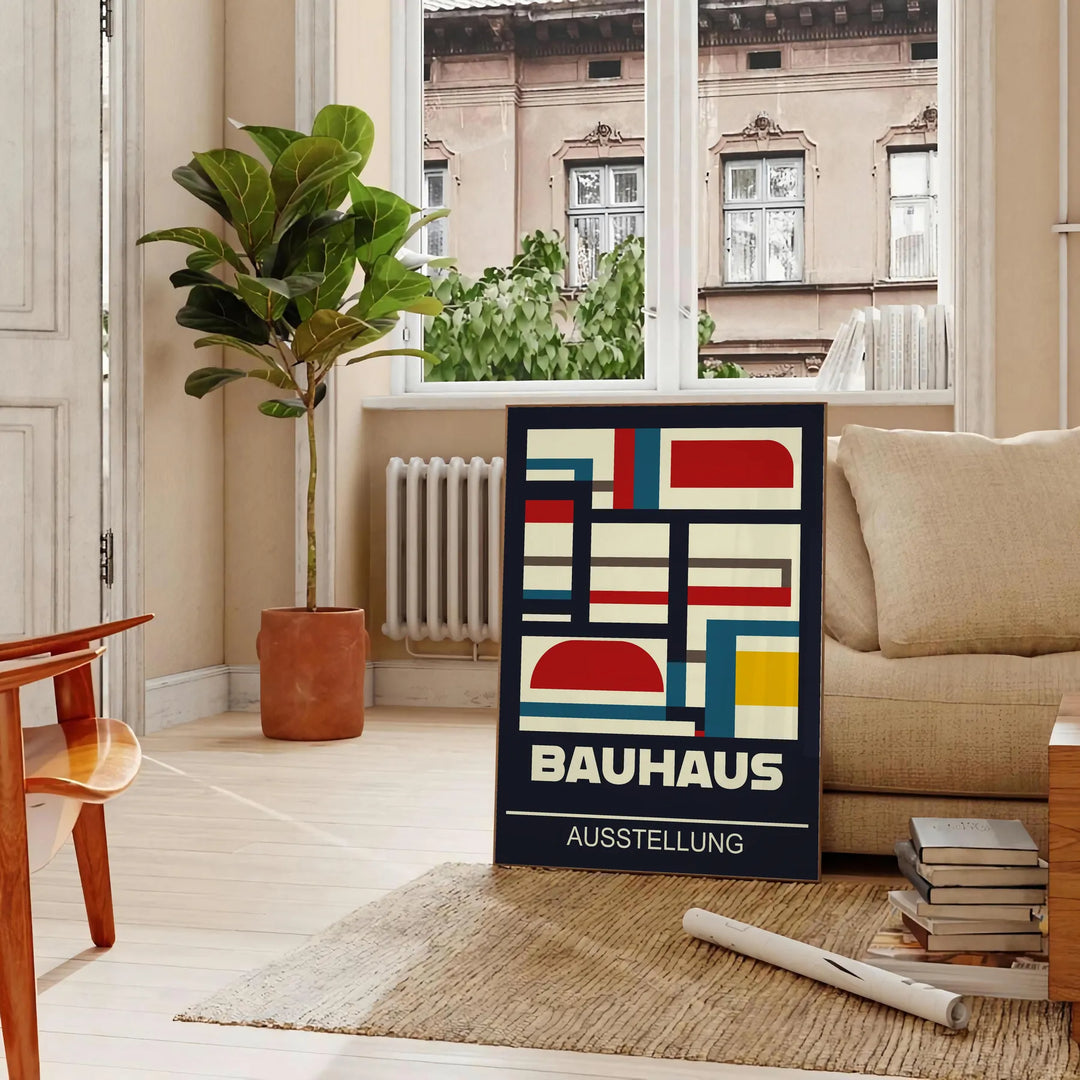 Bauhaus-Plakat mit abstrakter geometrischer Komposition in Grün und Rot - in einem Pariser Wohnzimmer mit Sofa und einer Geigenfeige