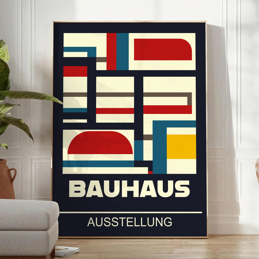 Bauhaus-Plakat mit abstrakter geometrischer Komposition in Grün und Rot - in einem hellen minimalistischen Raum mit Pflanze und Sessel