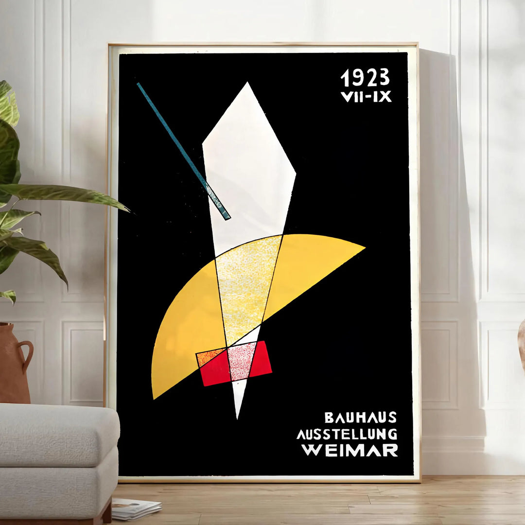 Abstract Bauhaus design featuring groovy shapes in orange and black - in a bright minimalist room with a plant and an armchair