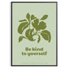 A serene yoga scene featuring calming green and gray tones with the phrase 'Be Kind To Yourself' - in a black frame