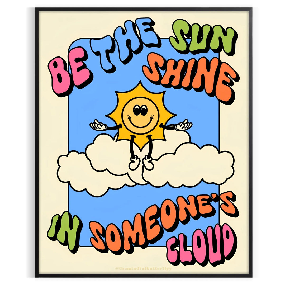 A retro-style poster featuring a sun with groovy typography in orange and gray