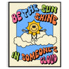 A retro-style poster featuring a sun with groovy typography in orange and gray - in a black frame