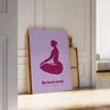 Abstract yoga figure in calming blue and purple tones - leaning on a herringbone floor against a white panelled wall