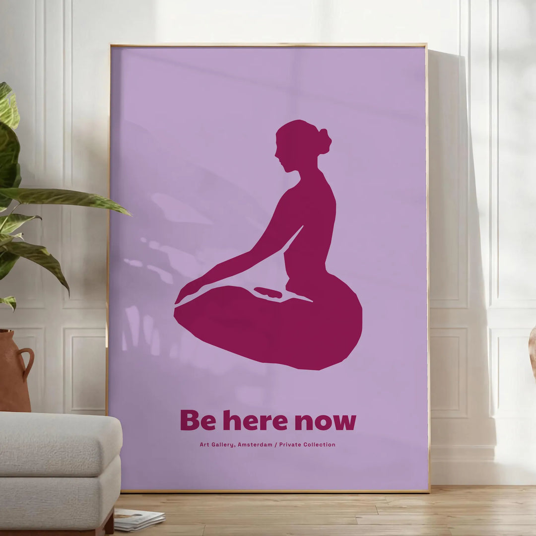 Abstract yoga figure in calming blue and purple tones - in a bright minimalist room with a plant and an armchair
