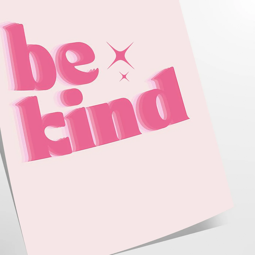 Colorful abstract design featuring the phrase 'Be Kind' in playful typography