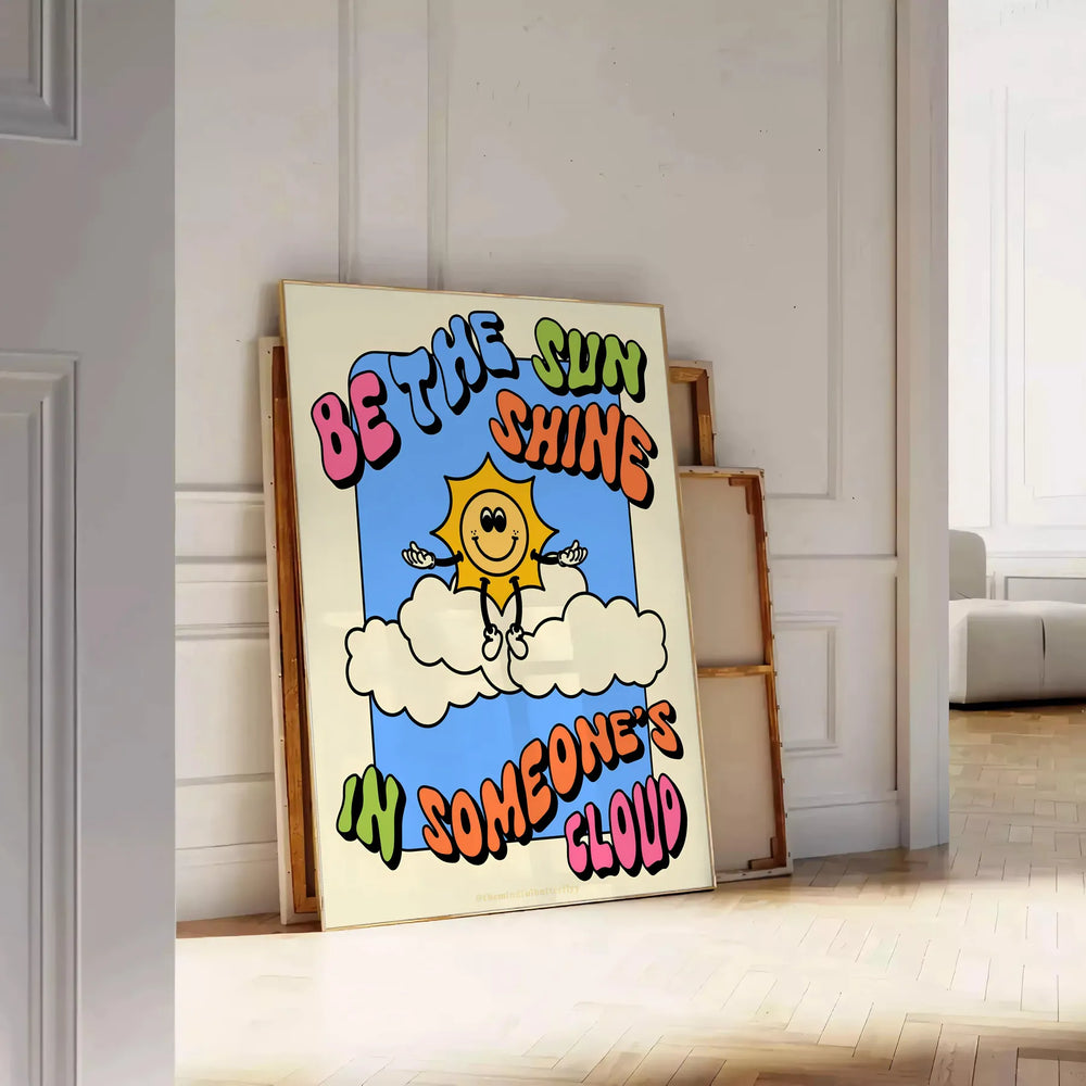 A retro-style poster featuring a sun with groovy typography in orange and gray