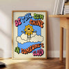 A retro-style poster featuring a sun with groovy typography in orange and gray - beside a round wooden side table with books