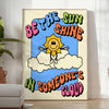 A retro-style poster featuring a sun with groovy typography in orange and gray - in a bright minimalist room with a plant and an armchair