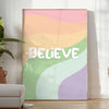 Abstract design with the word 'Believe' in green and orange hues - in a bright minimalist room with a plant and an armchair