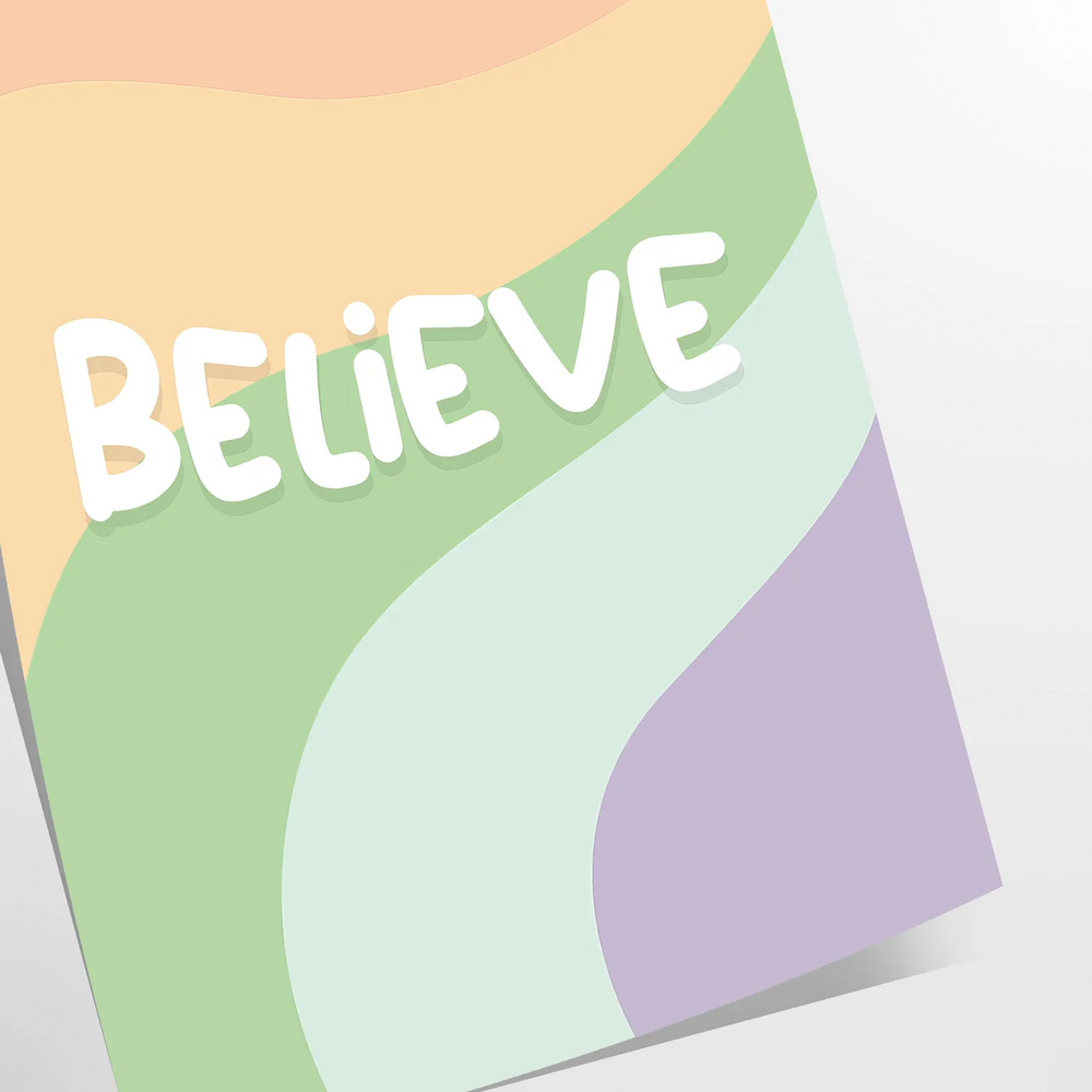 Abstract design with the word 'Believe' in green and orange hues