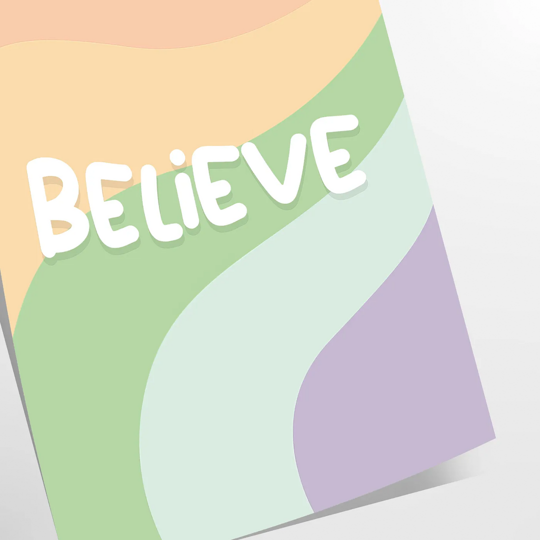 Abstract design with the word 'Believe' in green and orange hues