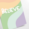 Abstract design with the word 'Believe' in green and orange hues